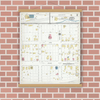 Old map wall art mockup — magnetic wood frame on brick wall — Sanborn Fire Insurance Map from Pacific, Franklin County, Missouri (1917), Sheet #0002
