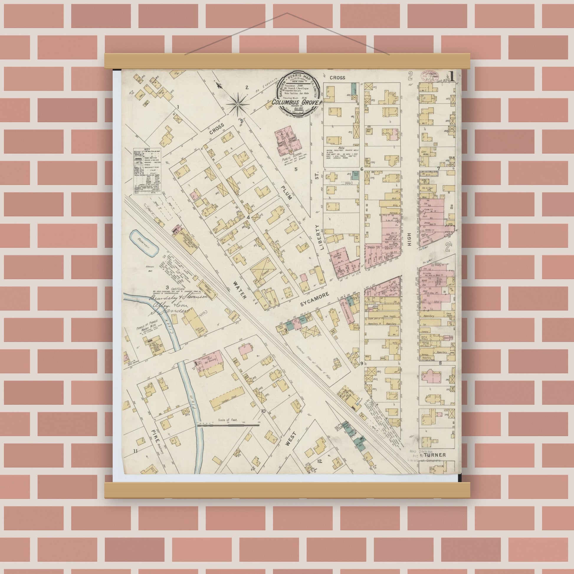 Old map wall art mockup — magnetic wood frame on brick wall — Sanborn Fire Insurance Map from Columbus Grove, Putnam County, Ohio (1895) - Complete Map Set