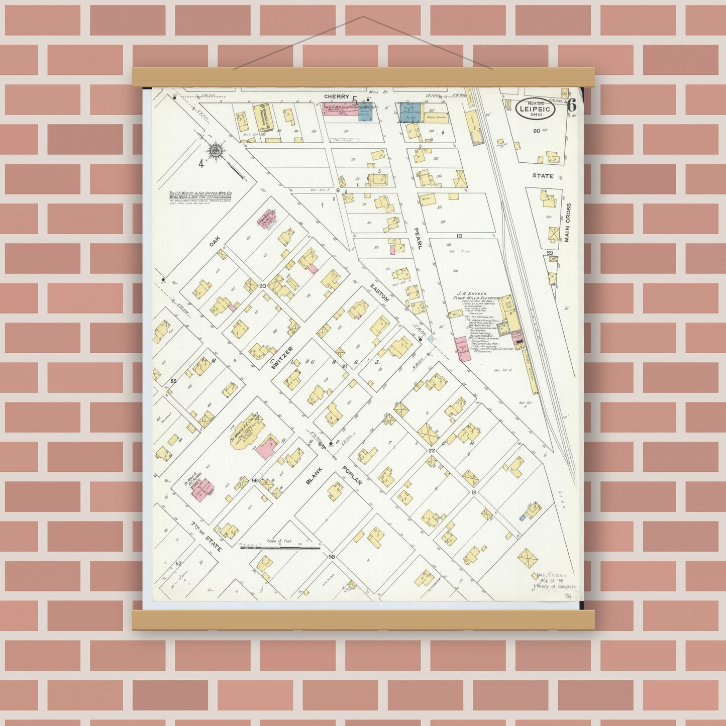 Old map wall art mockup — magnetic wood frame on brick wall — Sanborn Fire Insurance Map from Leipsic, Putnam County, Ohio (1910), Sheet #0006