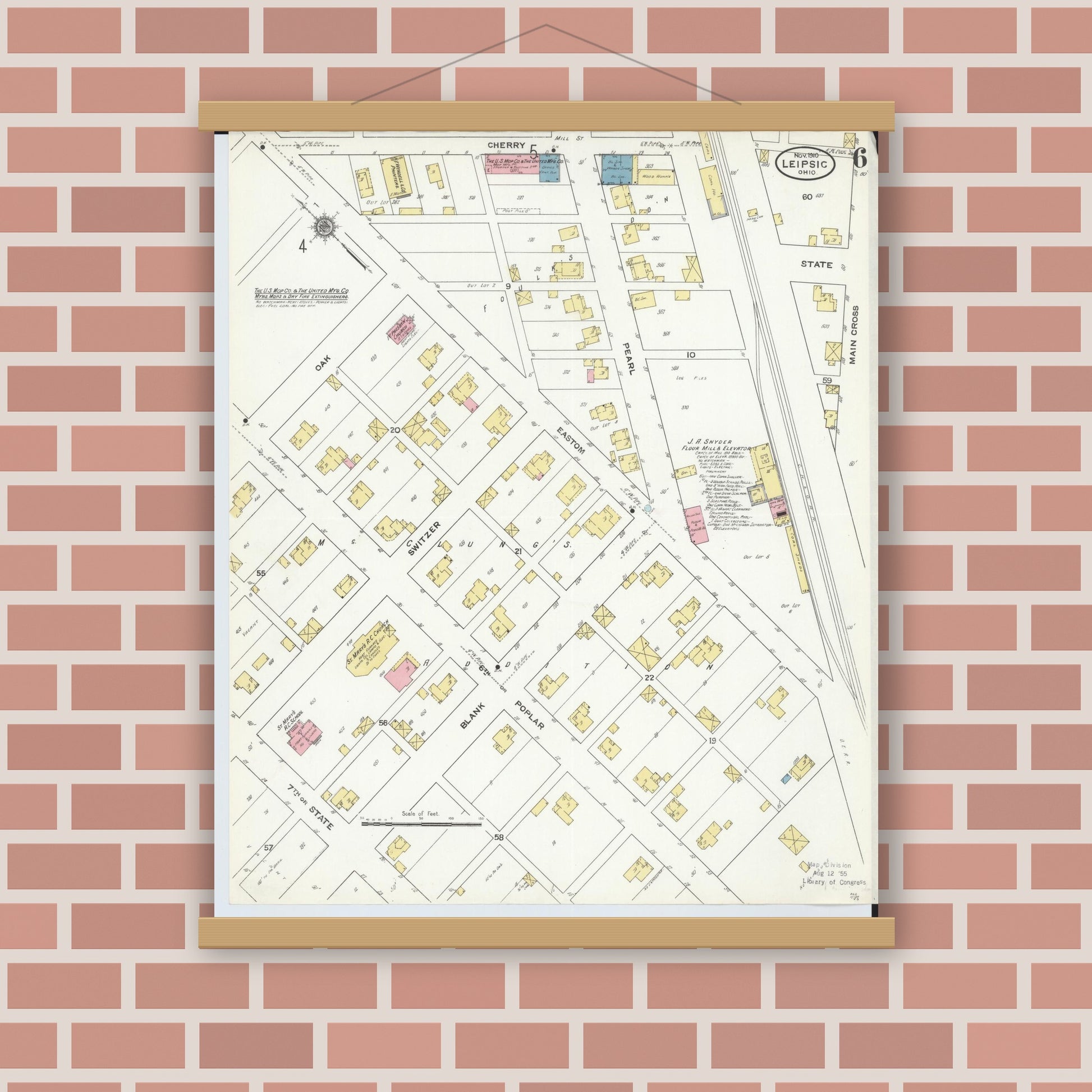 Old map wall art mockup — magnetic wood frame on brick wall — Sanborn Fire Insurance Map from Leipsic, Putnam County, Ohio (1910), Sheet #0006