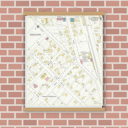 Old map wall art mockup — magnetic wood frame on brick wall — Sanborn Fire Insurance Map from Leipsic, Putnam County, Ohio (1910), Sheet #0006