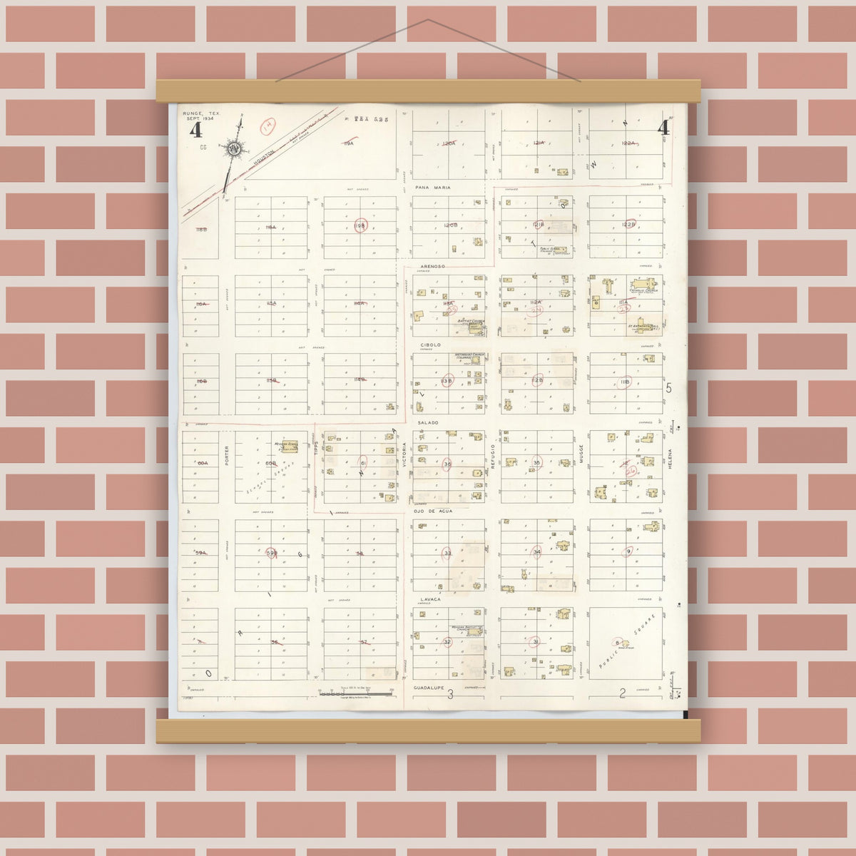 Old map wall art mockup — magnetic wood frame on brick wall — Sanborn Fire Insurance Map from Runge, Karnes County, Texas (1944), Sheet #0004