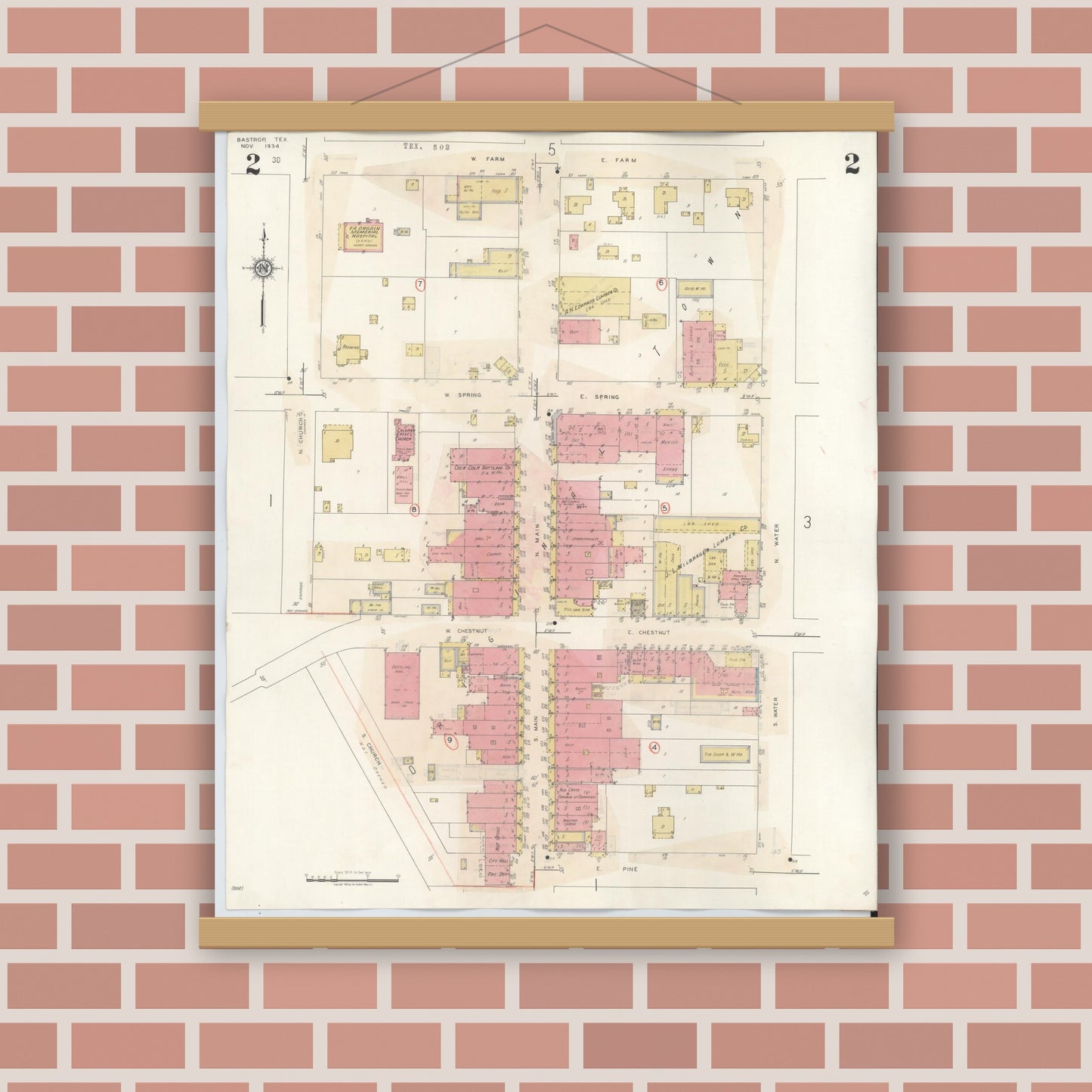 Old map wall art mockup — magnetic wood frame on brick wall — Sanborn Fire Insurance Map from Bastrop, Bastrop County, Texas (1944), Sheet #0002
