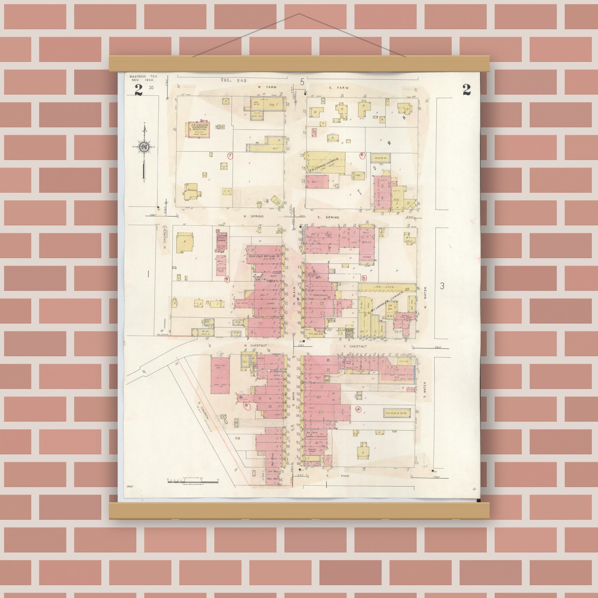 Old map wall art mockup — magnetic wood frame on brick wall — Sanborn Fire Insurance Map from Bastrop, Bastrop County, Texas (1944), Sheet #0002