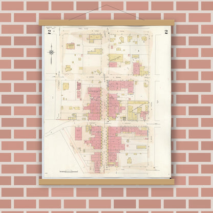 Old map wall art mockup — magnetic wood frame on brick wall — Sanborn Fire Insurance Map from Bastrop, Bastrop County, Texas (1944), Sheet #0002