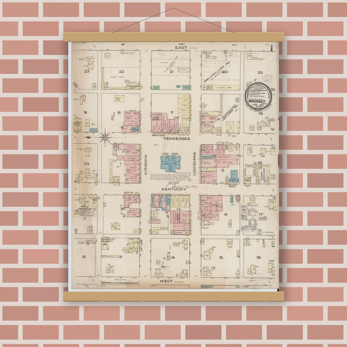 Old map wall art mockup — magnetic wood frame on brick wall — Sanborn Fire Insurance Map from McKinney, Collin County, Texas (1885), Sheet #0001