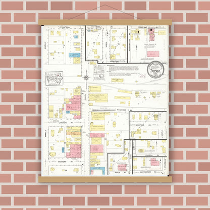 Old map wall art mockup — magnetic wood frame on brick wall — Sanborn Fire Insurance Map from Tripoli, Bremer County, Iowa (1915), Sheet #0001