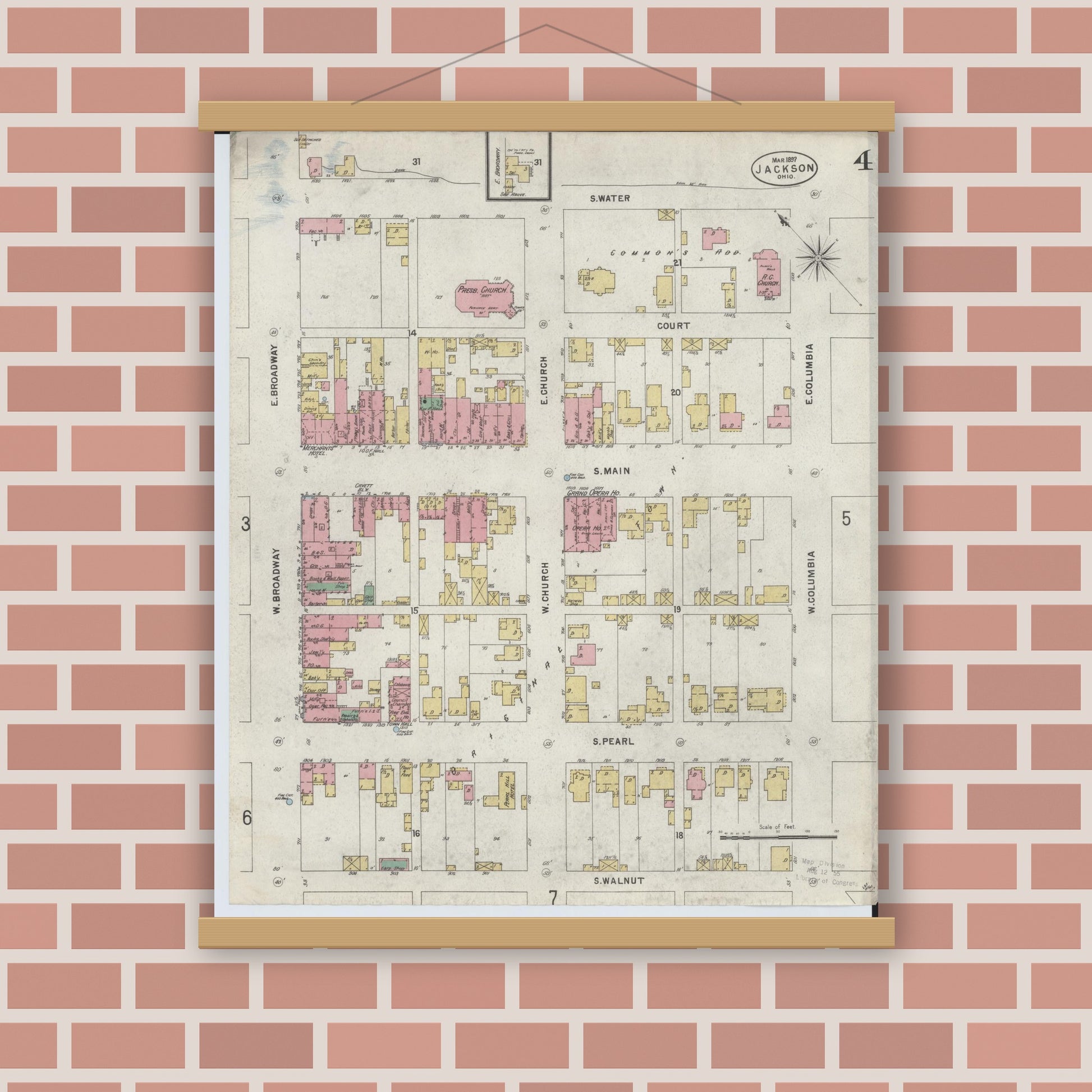 Old map wall art mockup — magnetic wood frame on brick wall — Sanborn Fire Insurance Map from Jackson, Jackson County, Ohio (1897), Sheet #0004