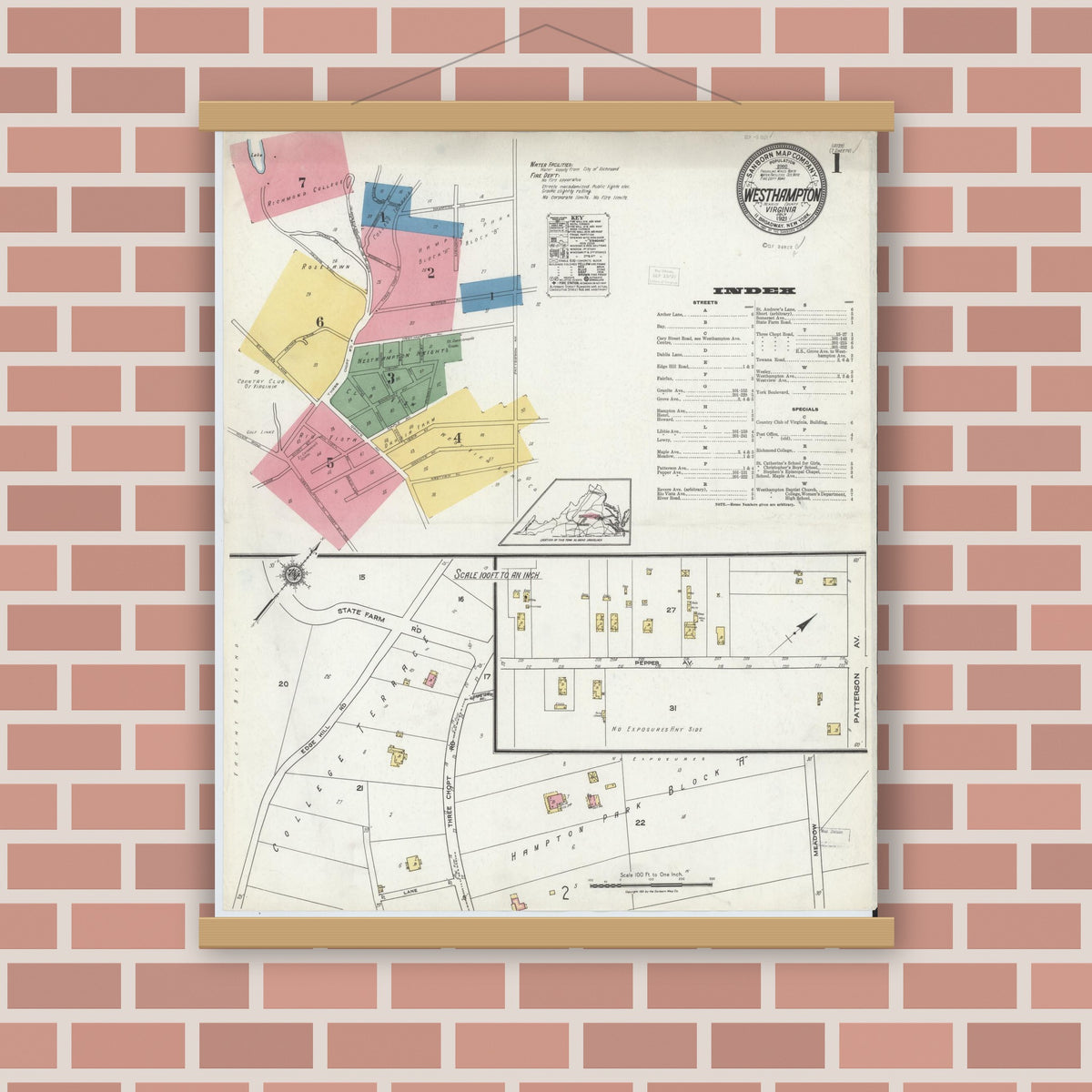 Old map wall art mockup — magnetic wood frame on brick wall — Sanborn Fire Insurance Map from Westhampton, Henrico County, Virginia (1921) - Complete Map Set