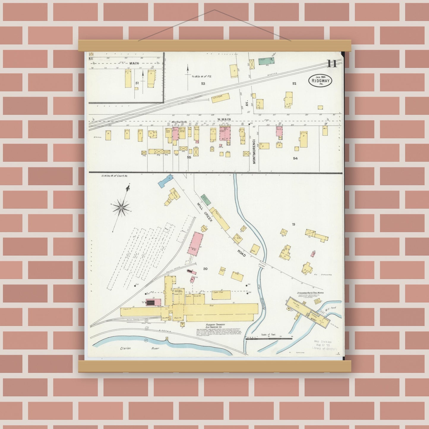 Old map wall art mockup — magnetic wood frame on brick wall — Sanborn Fire Insurance Map from Ridgway, Elk County, Pennsylvania (1904), Sheet #0011