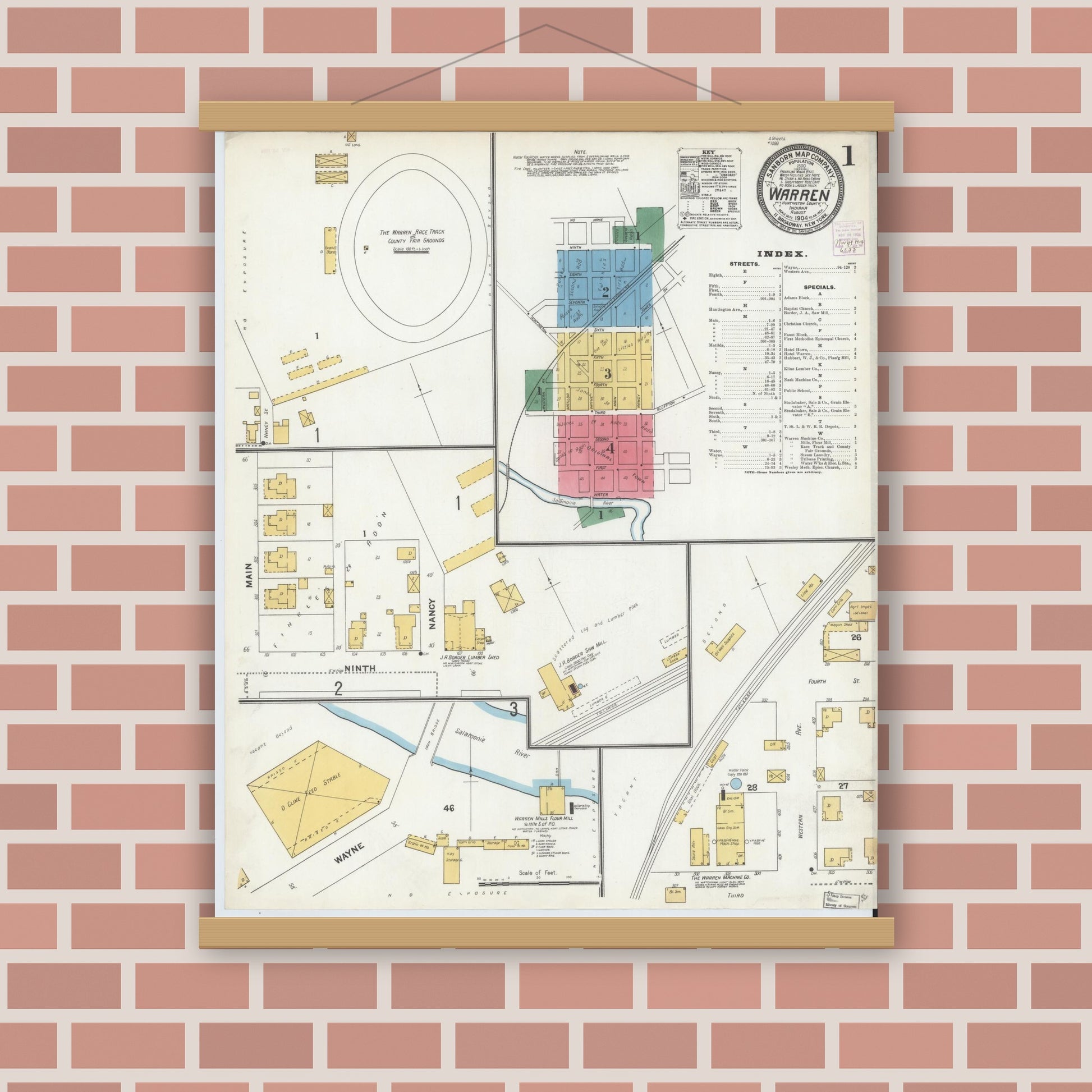 Old map wall art mockup — magnetic wood frame on brick wall — Sanborn Fire Insurance Map from Warren, Huntington County, Indiana (1904) - Complete Map Set