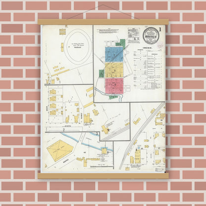 Old map wall art mockup — magnetic wood frame on brick wall — Sanborn Fire Insurance Map from Warren, Huntington County, Indiana (1904) - Complete Map Set