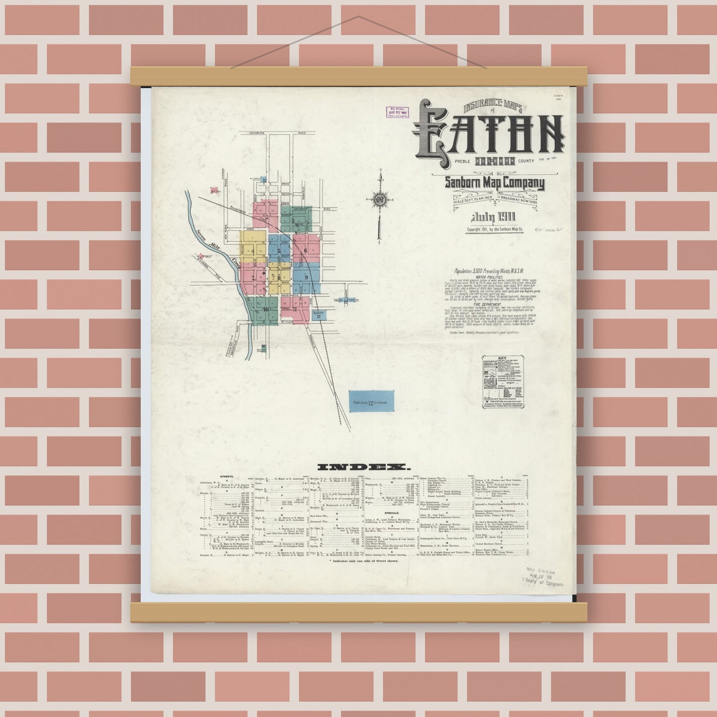 Old map wall art mockup — magnetic wood frame on brick wall — Sanborn Fire Insurance Map from Eaton, Preble County, Ohio (1911), Sheet #0001