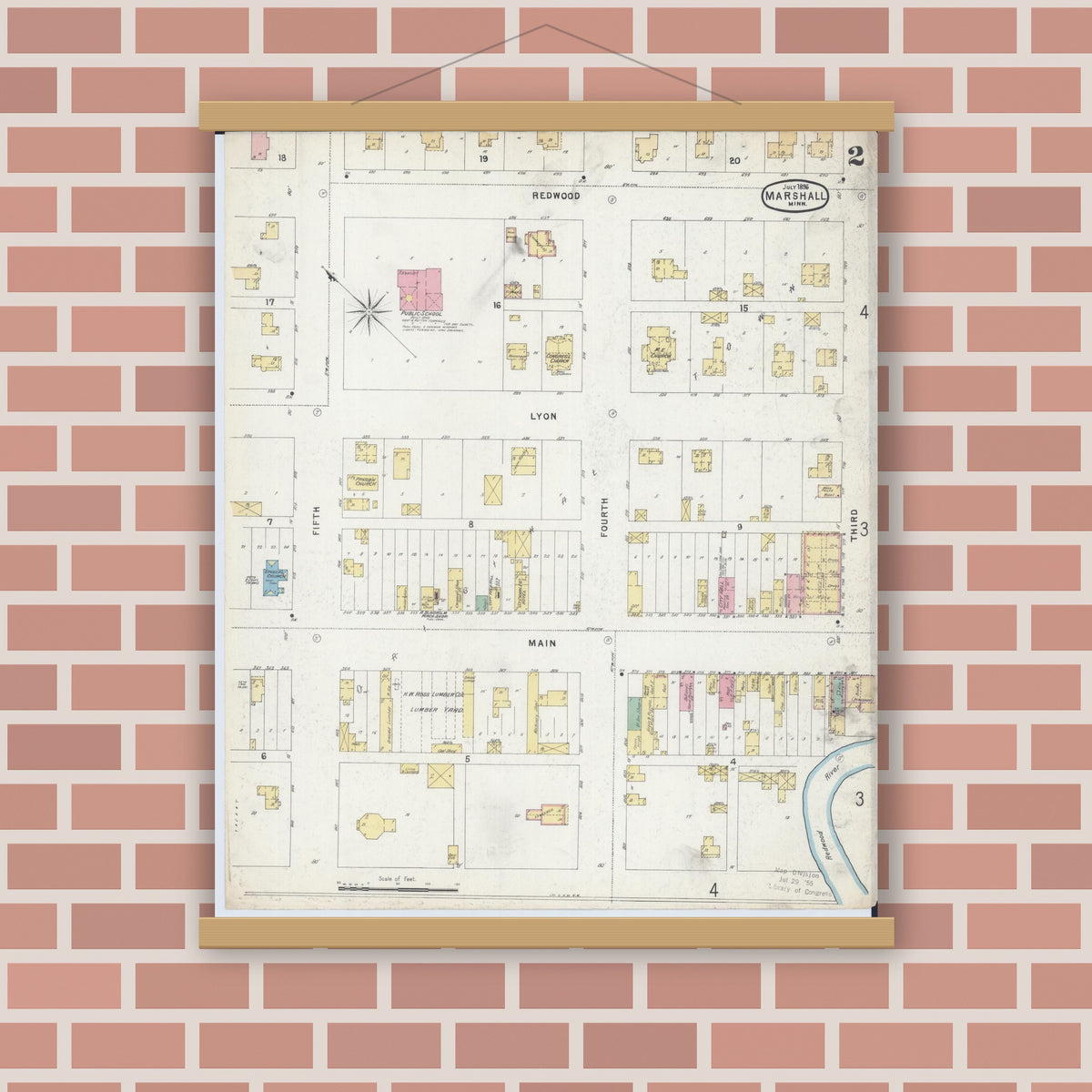 Old map wall art mockup — magnetic wood frame on brick wall — Sanborn Fire Insurance Map from Marshall, Lyon County, Minnesota (1896), Sheet #0002