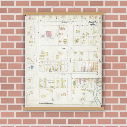 Old map wall art mockup — magnetic wood frame on brick wall — Sanborn Fire Insurance Map from Marshall, Lyon County, Minnesota (1896), Sheet #0002