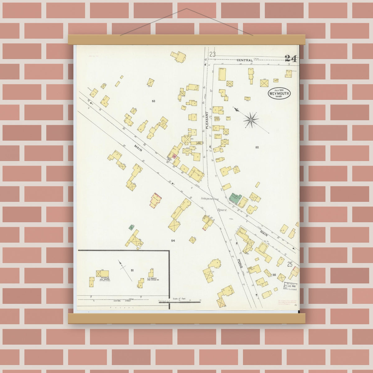 Old map wall art mockup — magnetic wood frame on brick wall — Sanborn Fire Insurance Map from Weymouth, Norfolk County, Massachusetts (1904), Sheet #0024