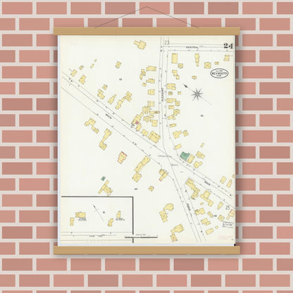 Old map wall art mockup — magnetic wood frame on brick wall — Sanborn Fire Insurance Map from Weymouth, Norfolk County, Massachusetts (1904), Sheet #0024