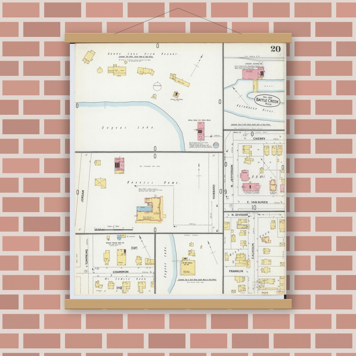 Old map wall art mockup — magnetic wood frame on brick wall — Sanborn Fire Insurance Map from Battle Creek, Calhoun County, Michigan (1899), Sheet #0020
