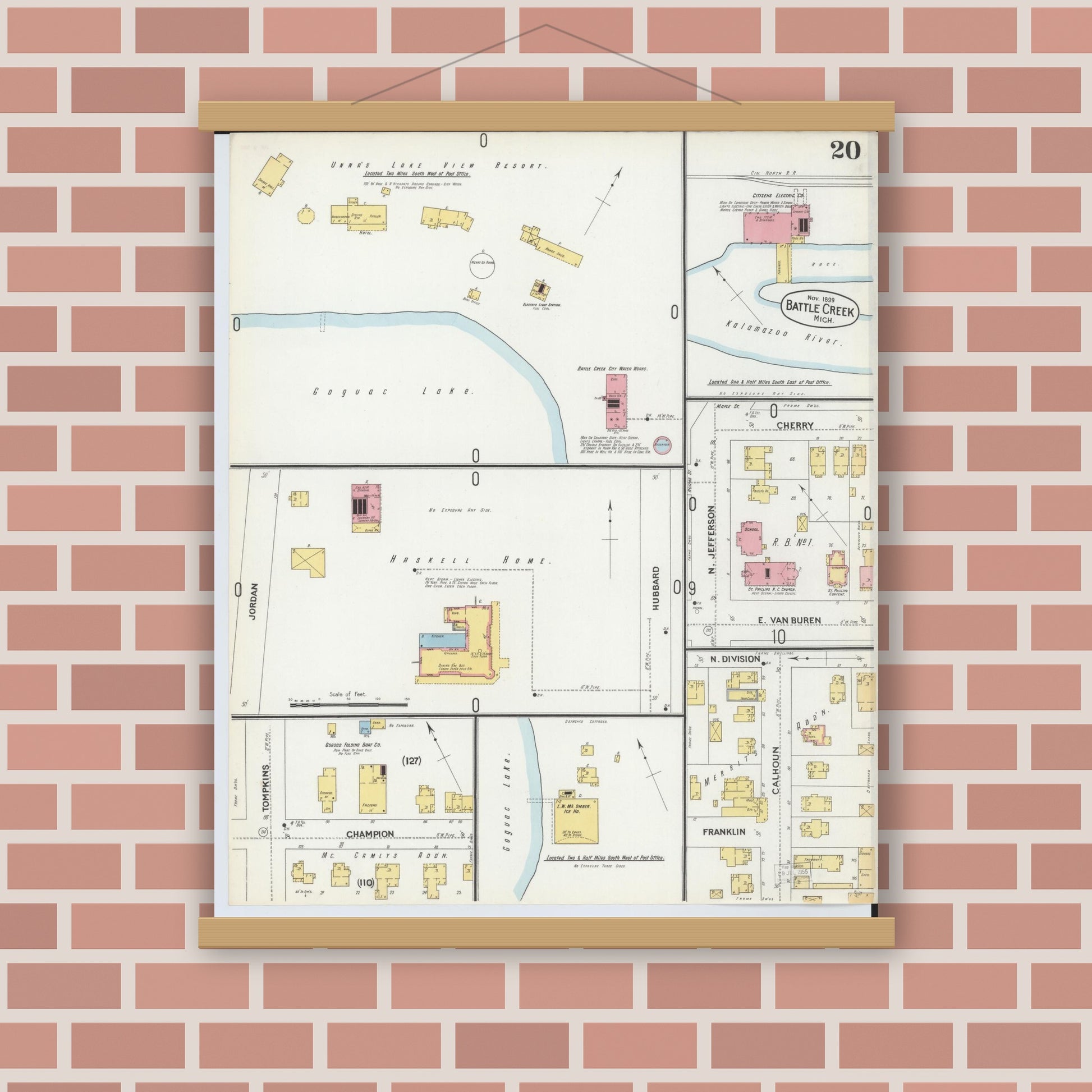 Old map wall art mockup — magnetic wood frame on brick wall — Sanborn Fire Insurance Map from Battle Creek, Calhoun County, Michigan (1899), Sheet #0020