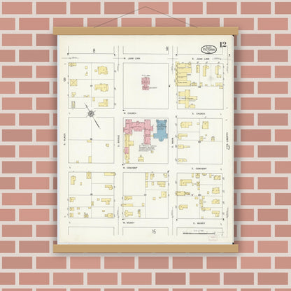 Old map wall art mockup — magnetic wood frame on brick wall — Sanborn Fire Insurance Map from Victoria, Victoria County, Texas (1912), Sheet #0012