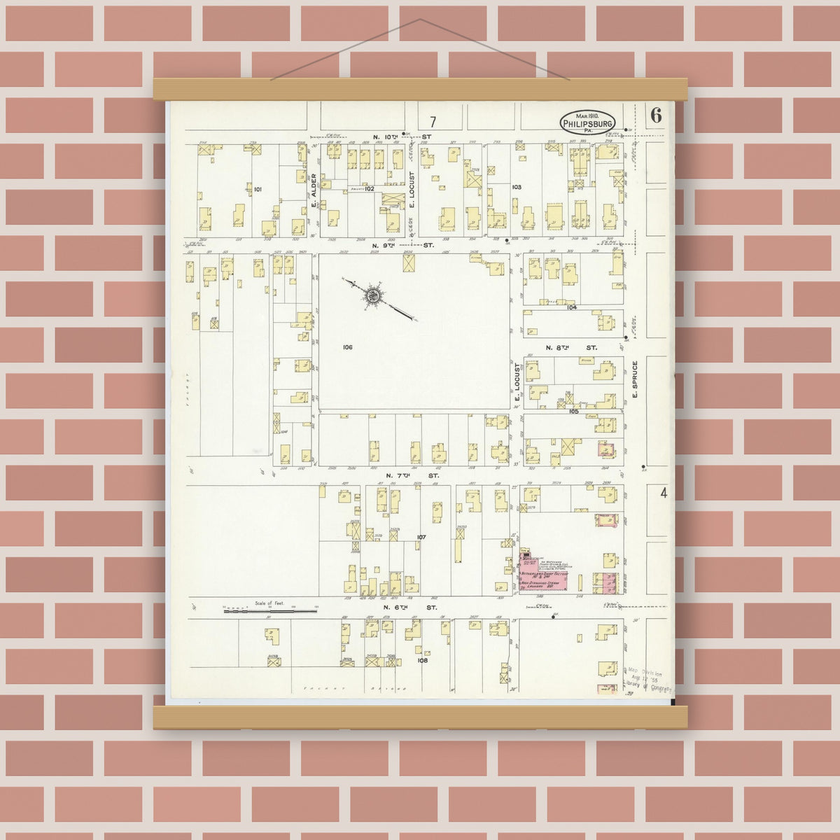Old map wall art mockup — magnetic wood frame on brick wall — Sanborn Fire Insurance Map from Philipsburg, Centre County, Pennsylvania (1910), Sheet #0006
