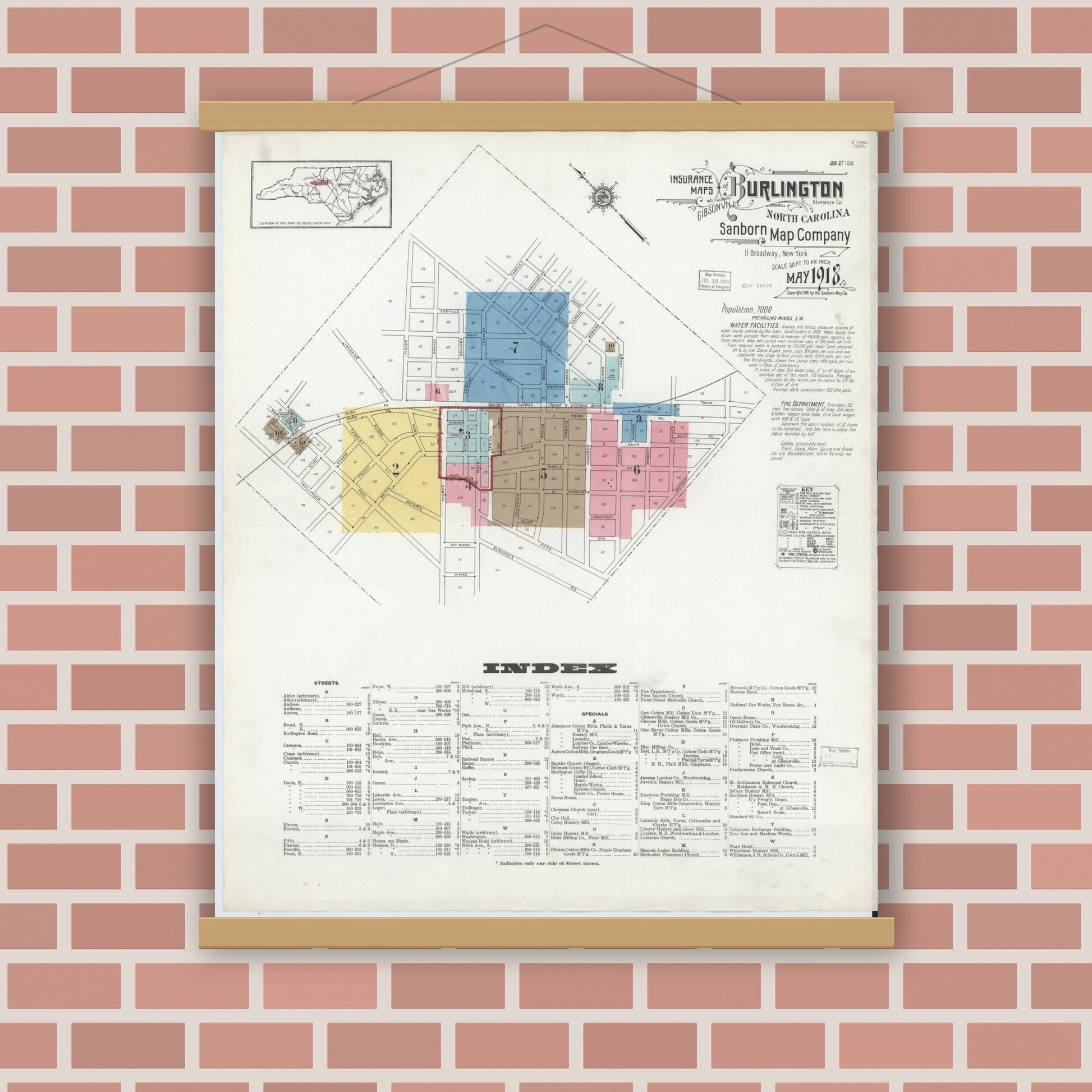 Old map wall art mockup — magnetic wood frame on brick wall — Sanborn Fire Insurance Map from Burlington, Alamance County, North Carolina (1918) - Complete Map Set