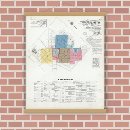 Old map wall art mockup — magnetic wood frame on brick wall — Sanborn Fire Insurance Map from Burlington, Alamance County, North Carolina (1918) - Complete Map Set