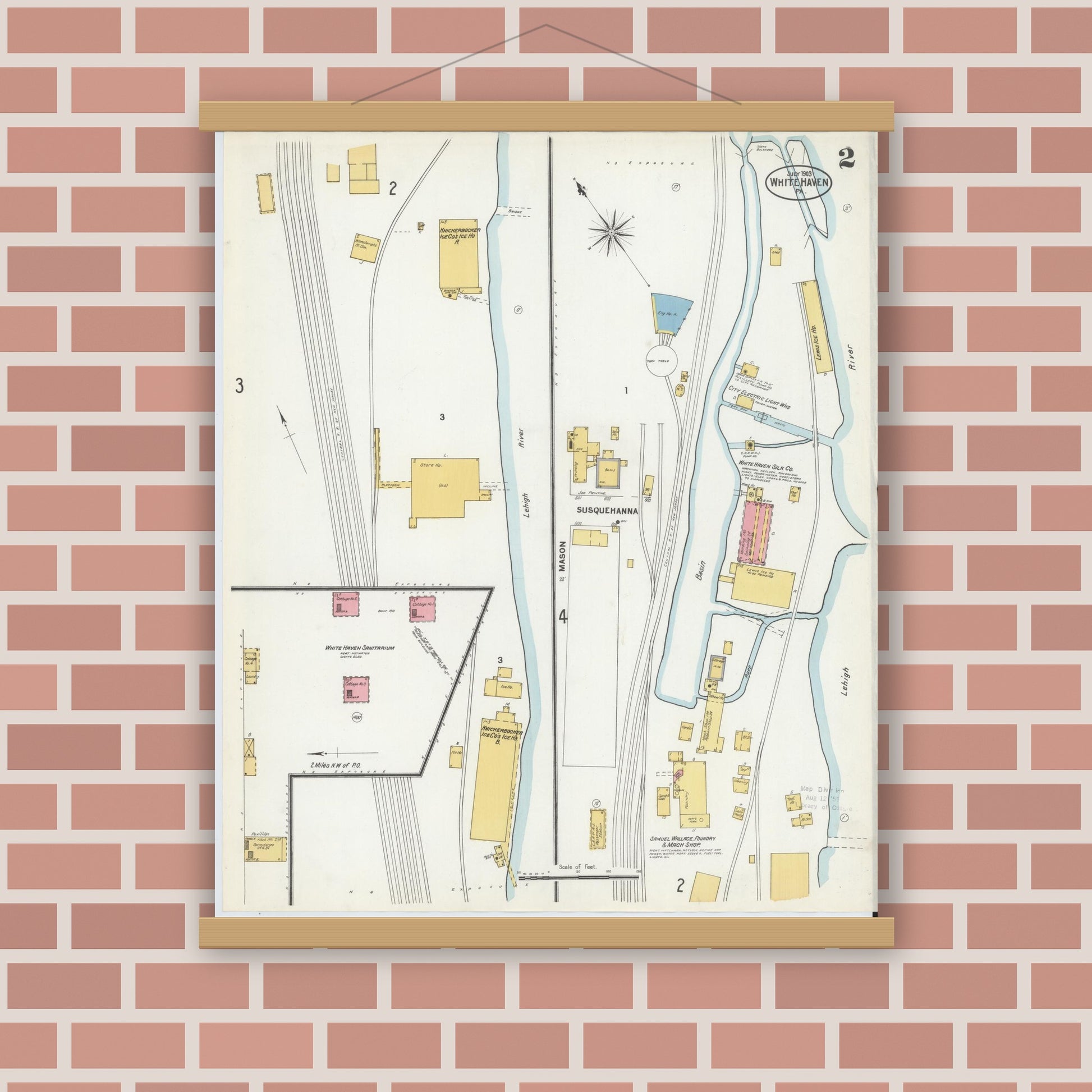 Old map wall art mockup — magnetic wood frame on brick wall — Sanborn Fire Insurance Map from White Haven, Luzerne County, Pennsylvania (1903), Sheet #0002