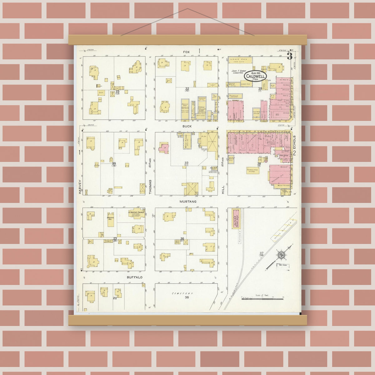 Old map wall art mockup — magnetic wood frame on brick wall — Sanborn Fire Insurance Map from Caldwell, Burleson County, Texas (1915), Sheet #0003