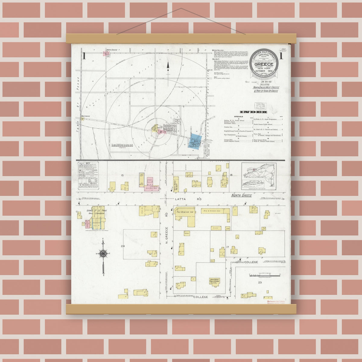 Old map wall art mockup — magnetic wood frame on brick wall — Sanborn Fire Insurance Map from Greece, Monroe County, New York (1929), Sheet #0001