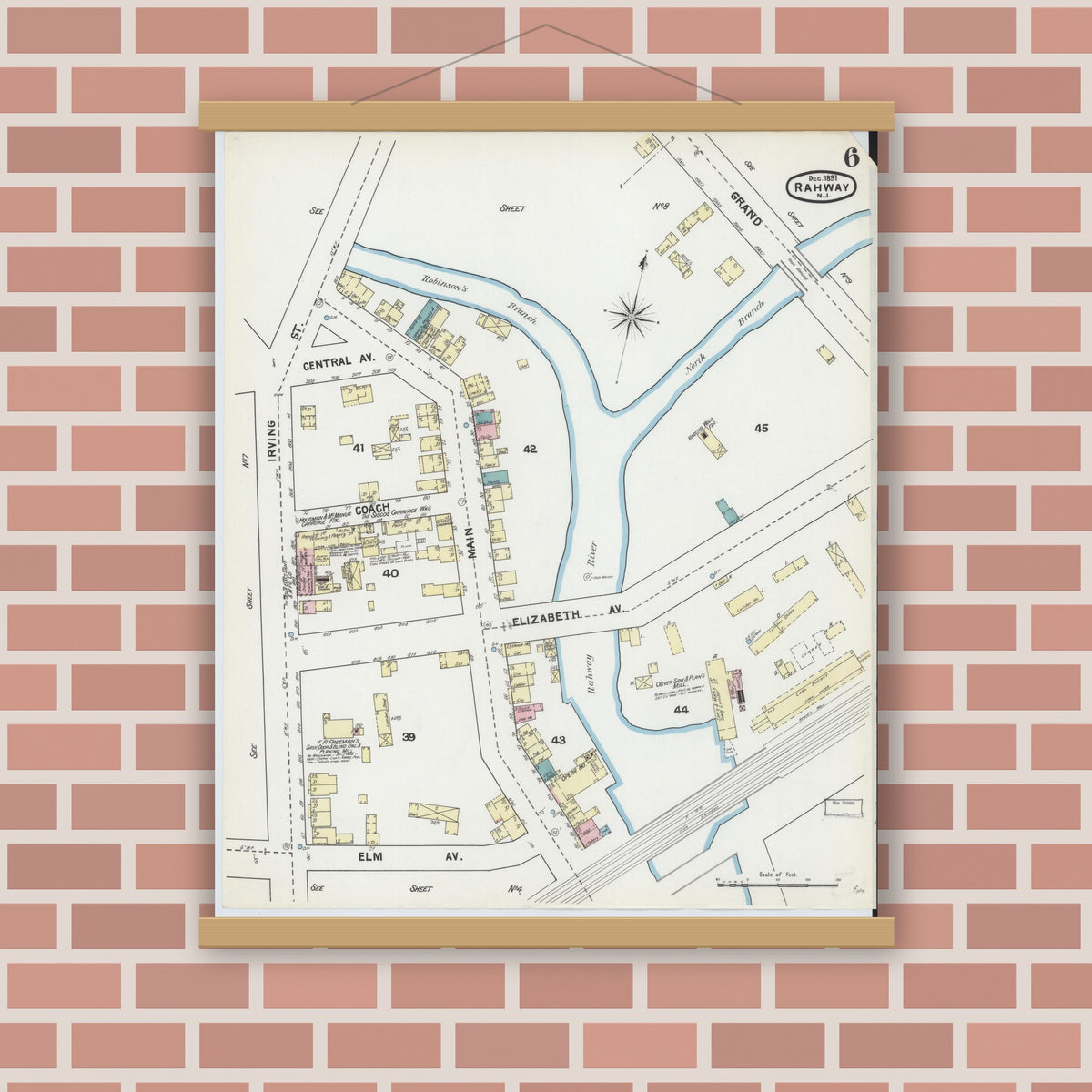Old map wall art mockup — magnetic wood frame on brick wall — Sanborn Fire Insurance Map from Rahway, Union County, New Jersey (1891), Sheet #0006
