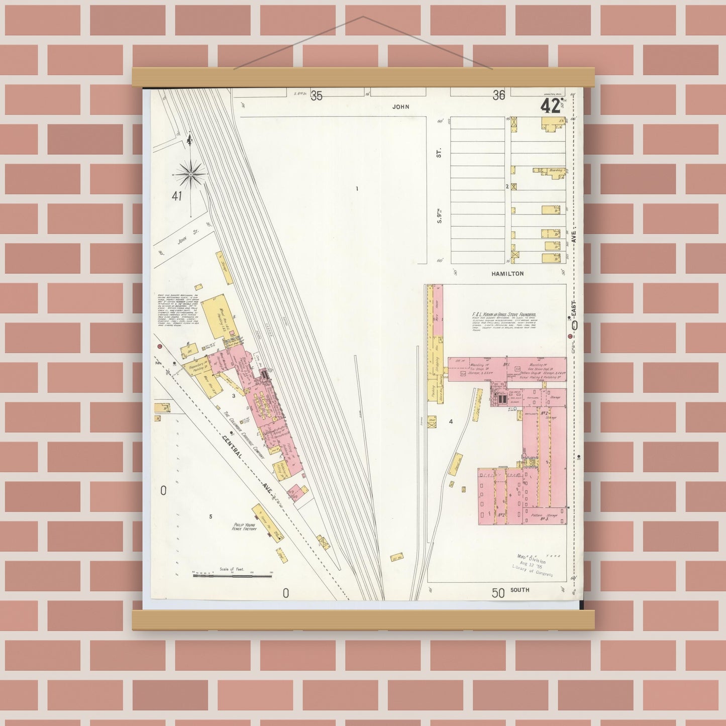 Old map wall art mockup — magnetic wood frame on brick wall — Sanborn Fire Insurance Map from Hamilton, Butler County, Ohio (1899), Sheet #0042