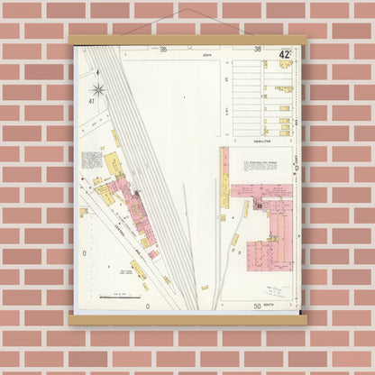 Old map wall art mockup — magnetic wood frame on brick wall — Sanborn Fire Insurance Map from Hamilton, Butler County, Ohio (1899), Sheet #0042