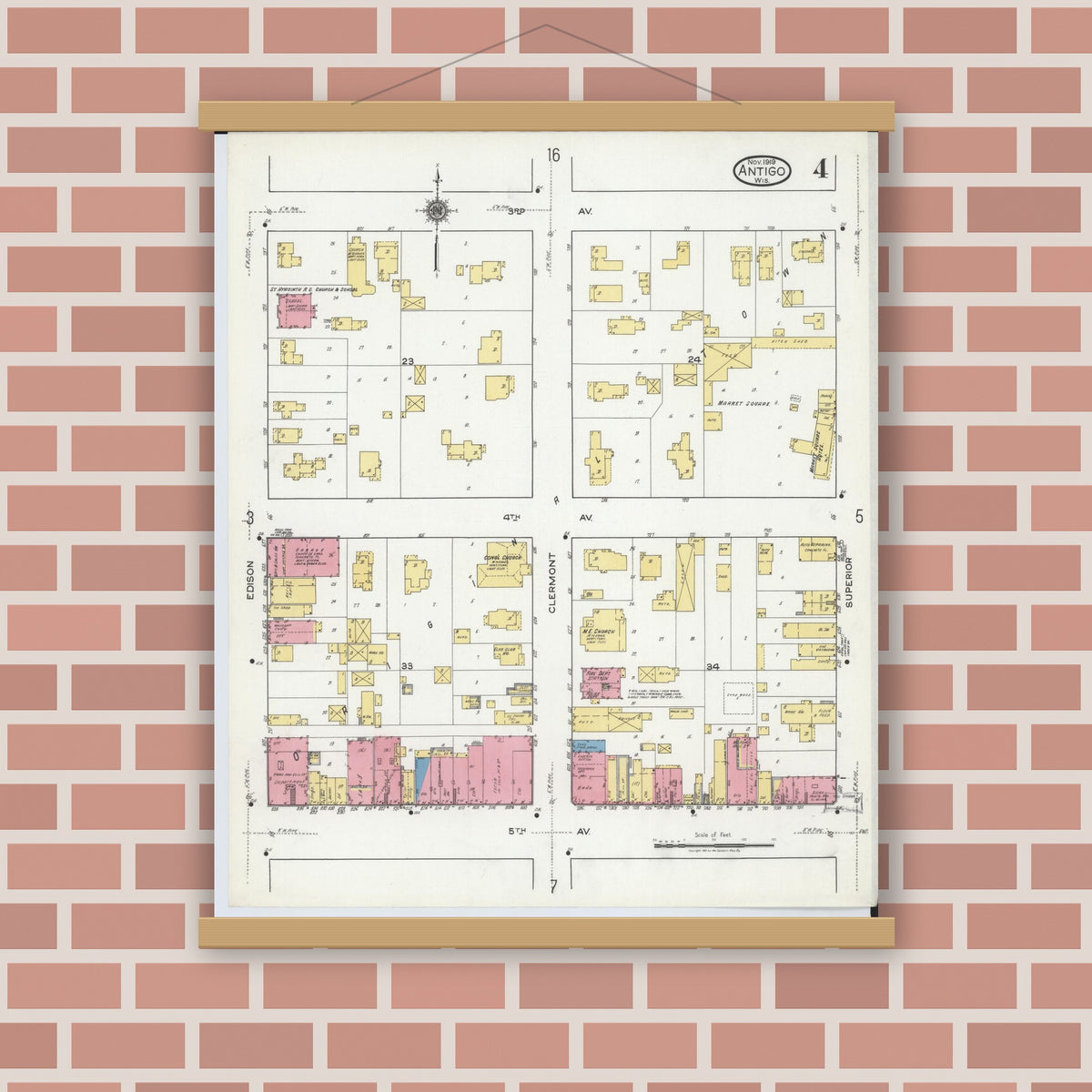 Old map wall art mockup — magnetic wood frame on brick wall — Sanborn Fire Insurance Map from Antigo, Langlade County, Wisconsin (1919), Sheet #0004