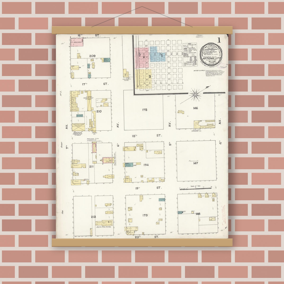 Old map wall art mockup — magnetic wood frame on brick wall — Sanborn Fire Insurance Map from National City, San Diego County, California (1888) - Complete Map Set