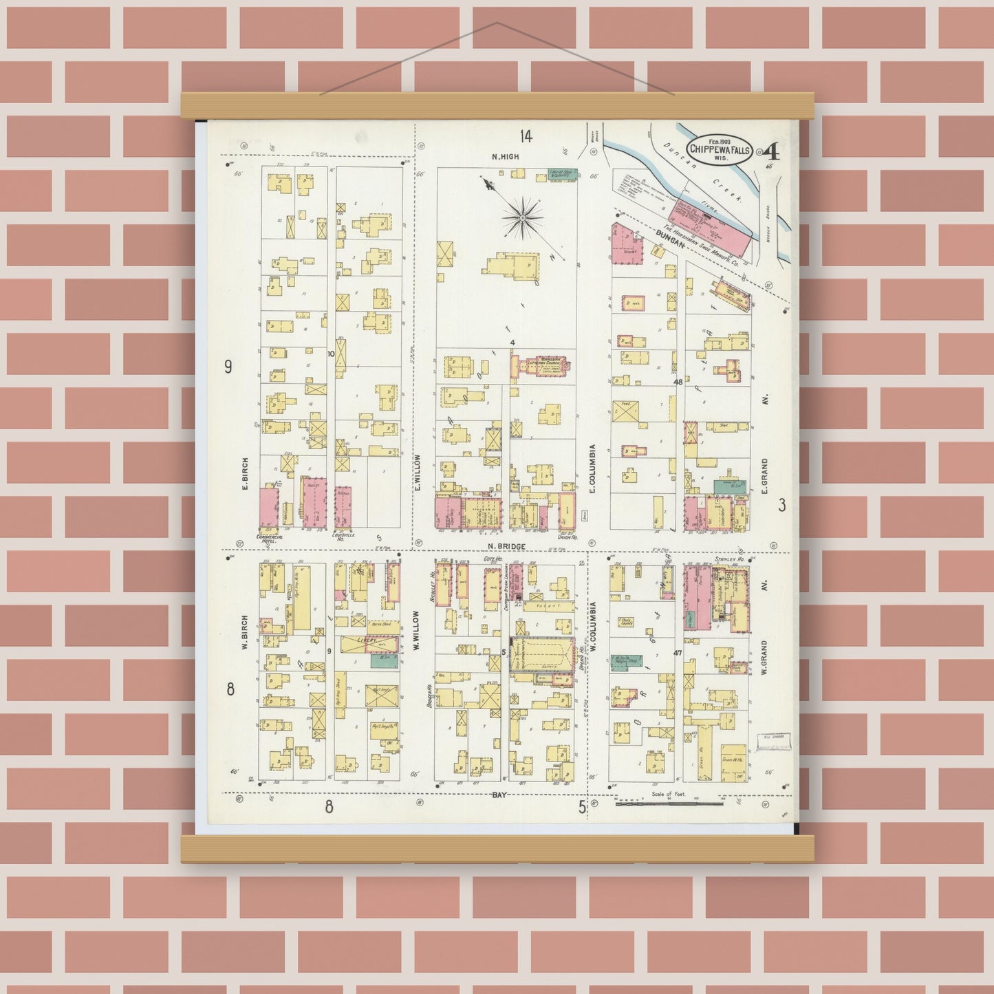 Old map wall art mockup — magnetic wood frame on brick wall — Sanborn Fire Insurance Map from Chippewa Falls, Chippewa County, Wisconsin (1903), Sheet #0004