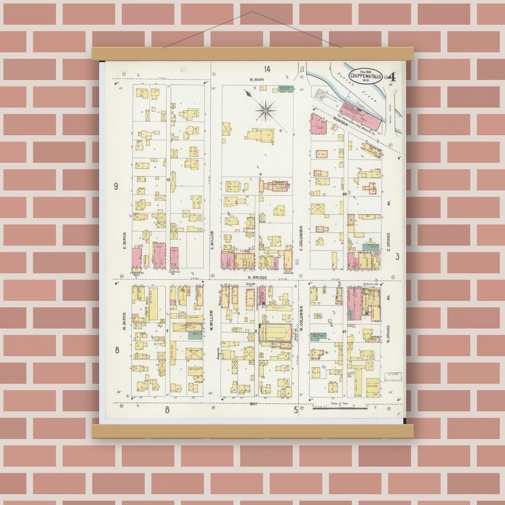 Old map wall art mockup — magnetic wood frame on brick wall — Sanborn Fire Insurance Map from Chippewa Falls, Chippewa County, Wisconsin (1903), Sheet #0004