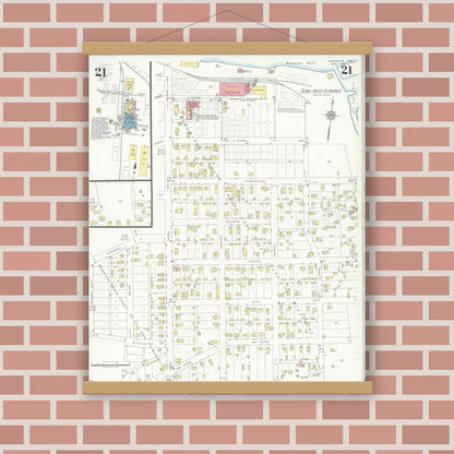 Old map wall art mockup — magnetic wood frame on brick wall — Sanborn Fire Insurance Map from Marinette, Marinette County, Wisconsin (1935), Sheet #0021