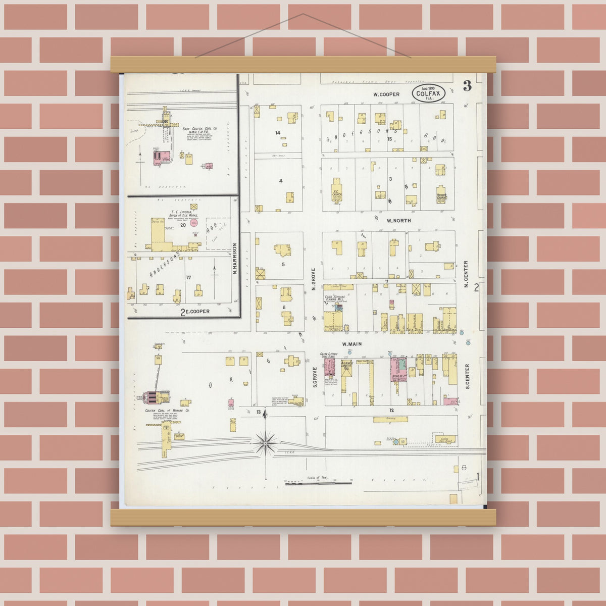 Old map wall art mockup — magnetic wood frame on brick wall — Sanborn Fire Insurance Map from Colfax, McLean County, Illinois (1899), Sheet #0003