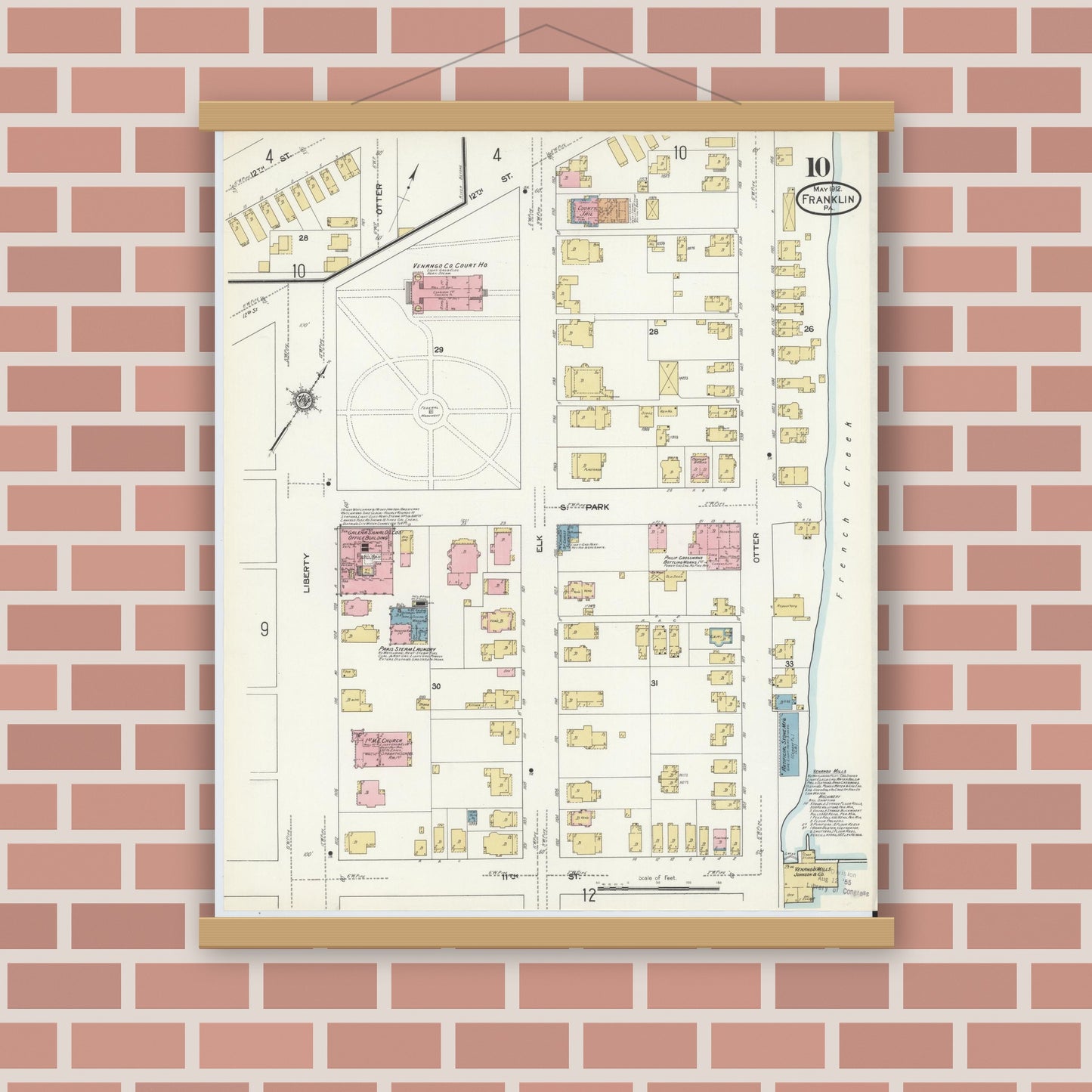 Old map wall art mockup — magnetic wood frame on brick wall — Sanborn Fire Insurance Map from Franklin, Venango County, Pennsylvania (1912), Sheet #0010
