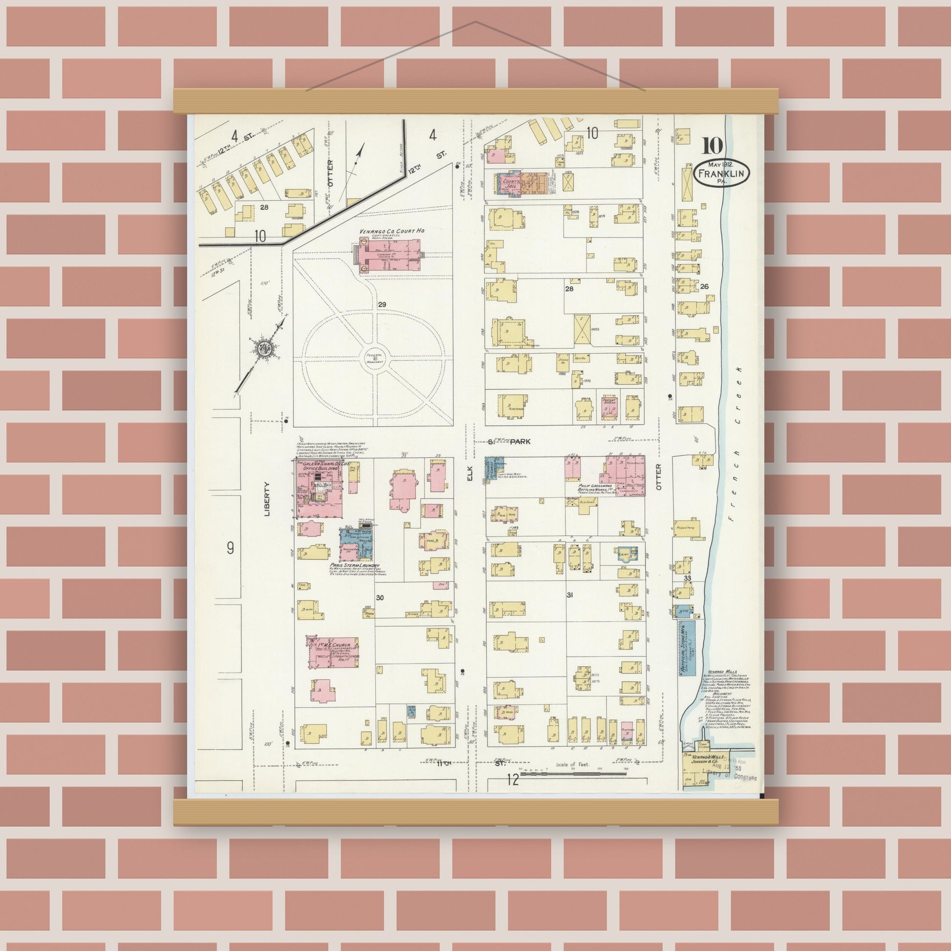 Old map wall art mockup — magnetic wood frame on brick wall — Sanborn Fire Insurance Map from Franklin, Venango County, Pennsylvania (1912), Sheet #0010
