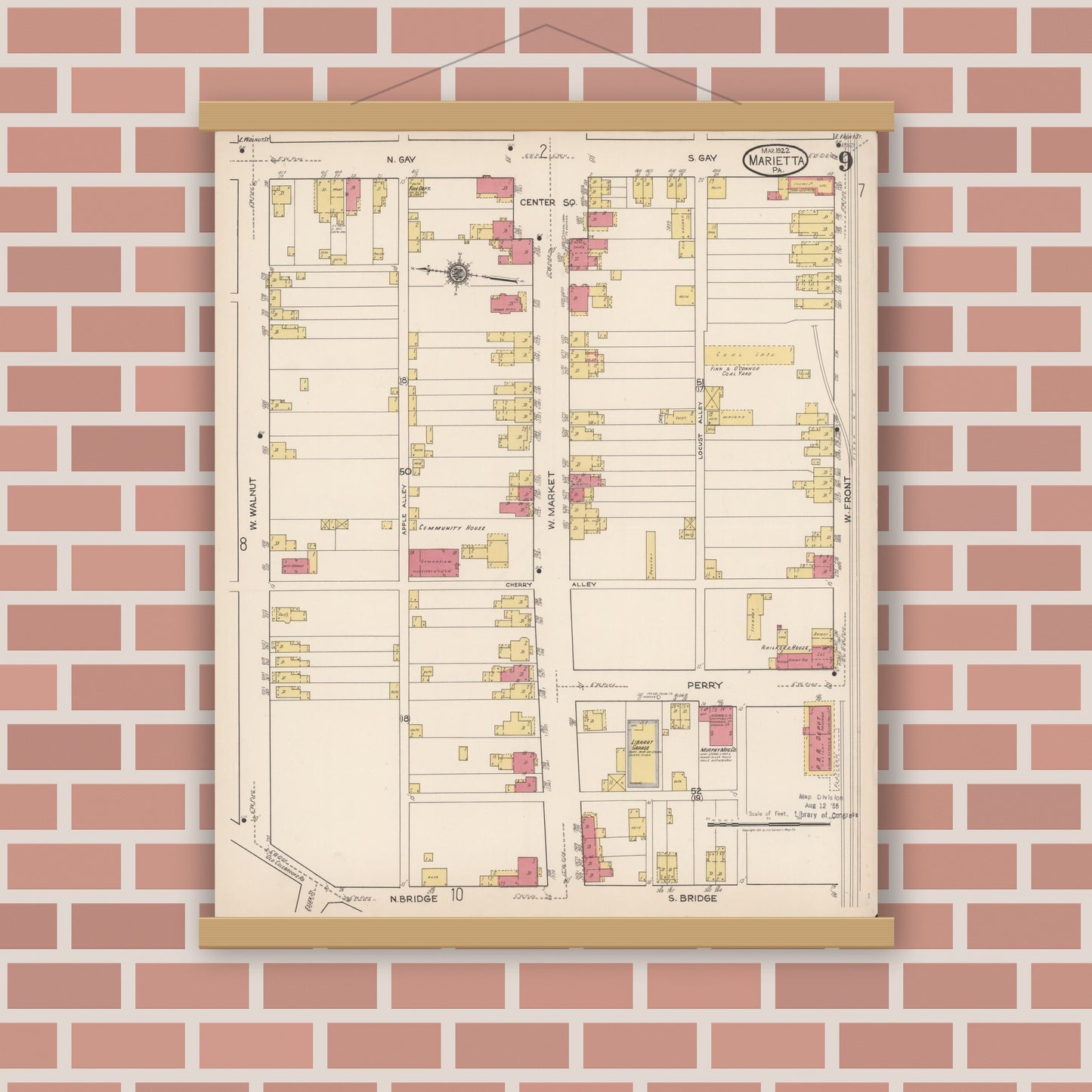 Old map wall art mockup — magnetic wood frame on brick wall — Sanborn Fire Insurance Map from Marietta, Lancaster County, Pennsylvania (1922), Sheet #0009