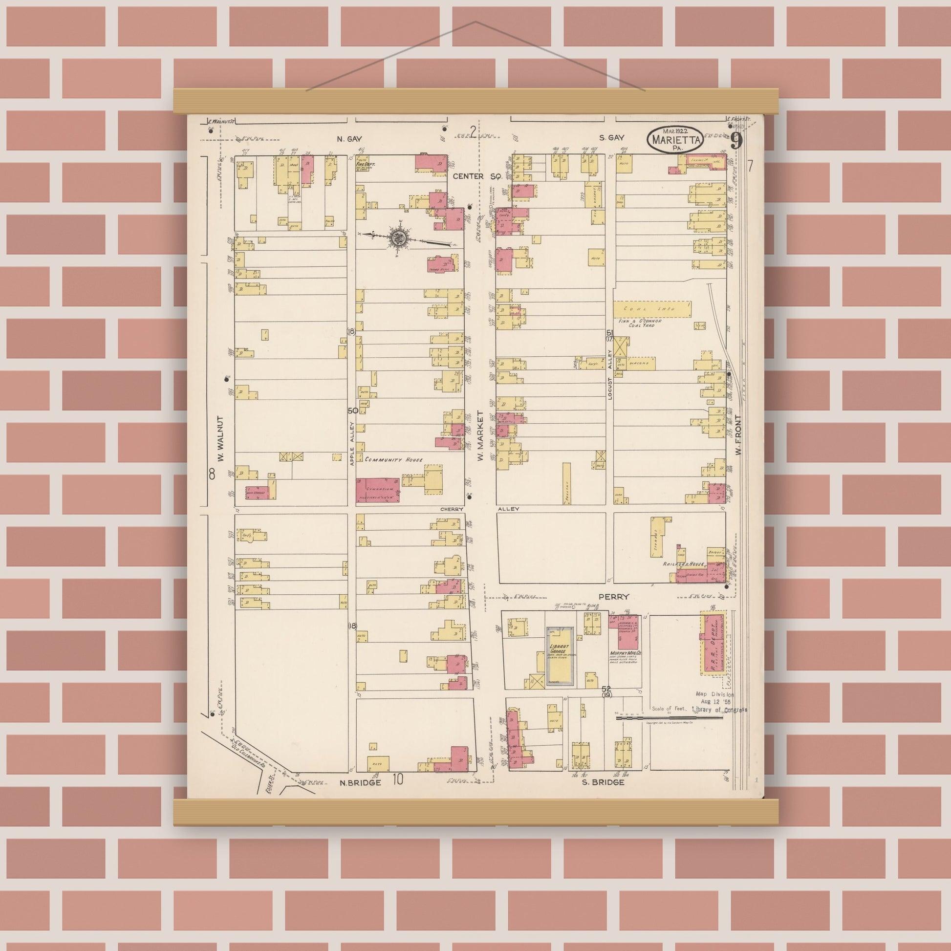 Old map wall art mockup — magnetic wood frame on brick wall — Sanborn Fire Insurance Map from Marietta, Lancaster County, Pennsylvania (1922), Sheet #0009