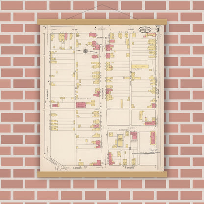 Old map wall art mockup — magnetic wood frame on brick wall — Sanborn Fire Insurance Map from Marietta, Lancaster County, Pennsylvania (1922), Sheet #0009