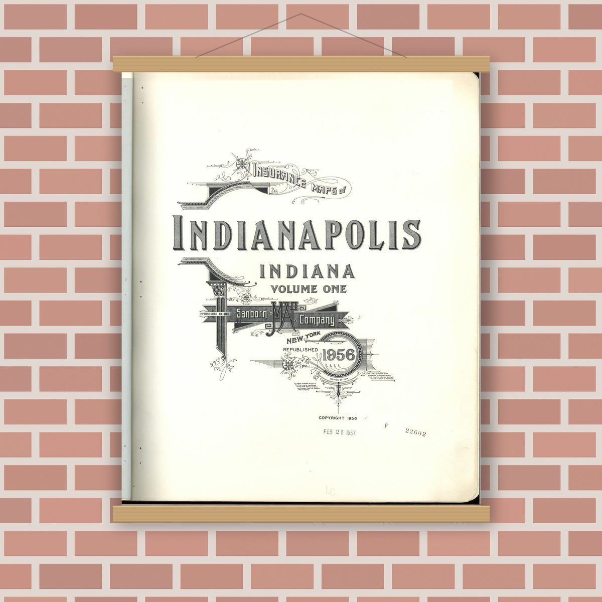 Old map wall art mockup — magnetic wood frame on brick wall — Sanborn Fire Insurance Map from Indianapolis, Marion County, Indiana (1956), Sheet #0001