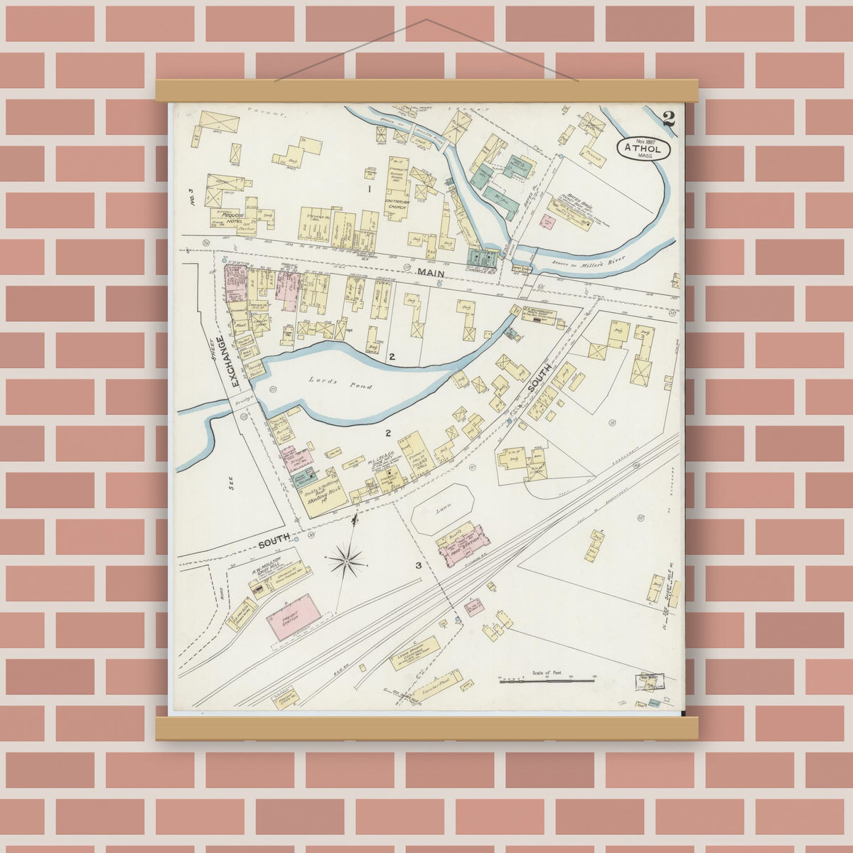 Old map wall art mockup — magnetic wood frame on brick wall — Sanborn Fire Insurance Map from Athol, Worcester County, Massachusetts (1887), Sheet #0002