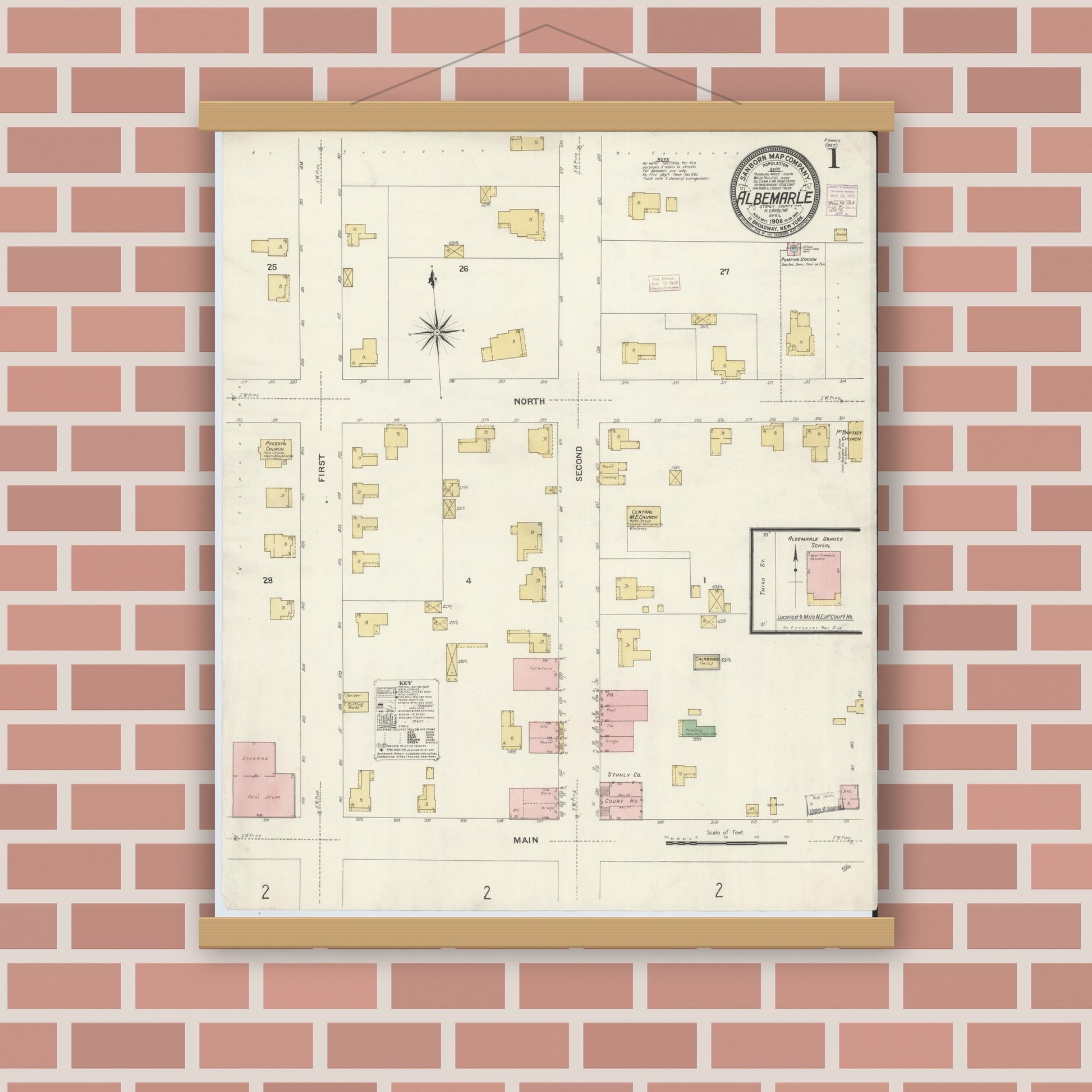 Old map wall art mockup — magnetic wood frame on brick wall — Sanborn Fire Insurance Map from Albemarle, Stanley County, North Carolina (1908), Sheet #0001