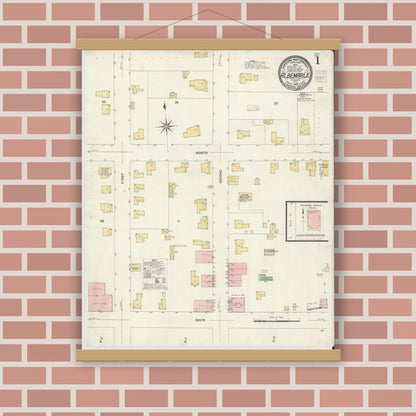 Old map wall art mockup — magnetic wood frame on brick wall — Sanborn Fire Insurance Map from Albemarle, Stanley County, North Carolina (1908), Sheet #0001