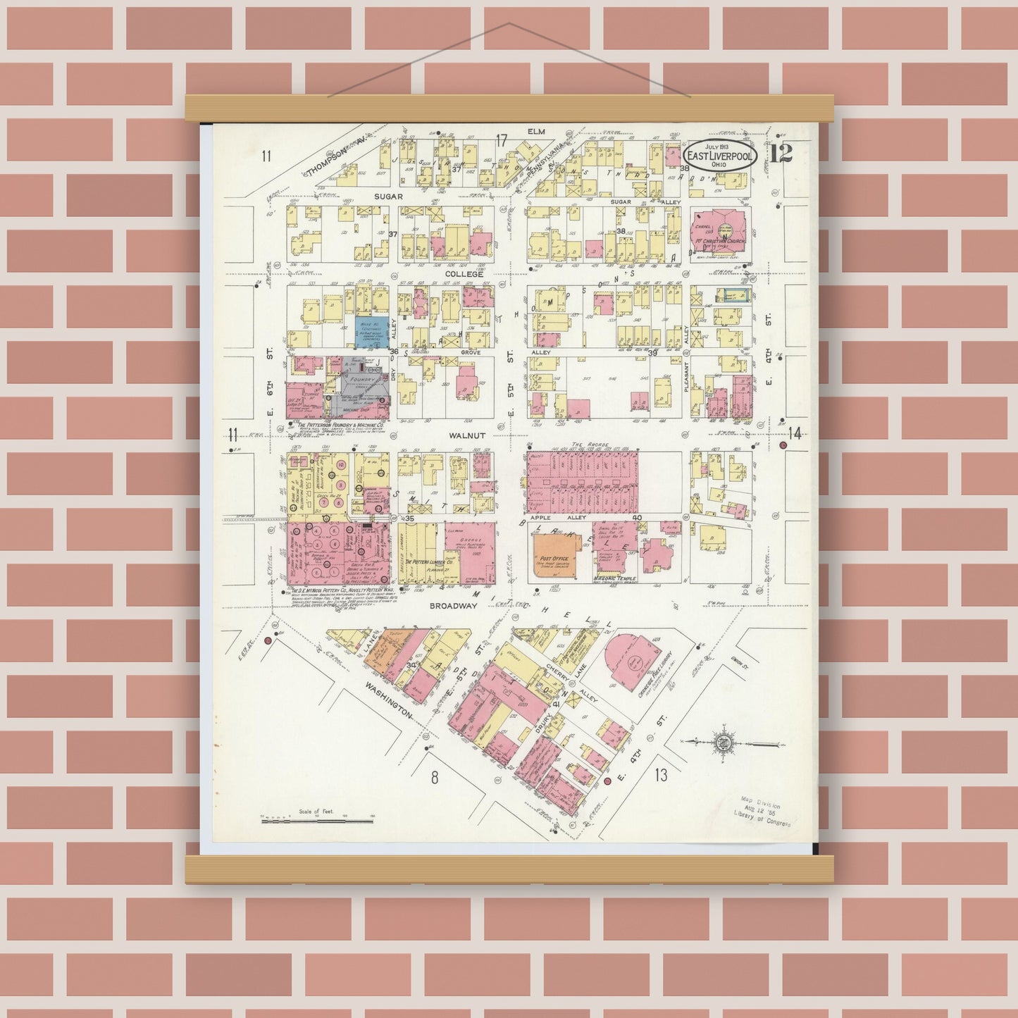 Old map wall art mockup — magnetic wood frame on brick wall — Sanborn Fire Insurance Map from East Liverpool, Columbiana County, Ohio (1913), Sheet #0012