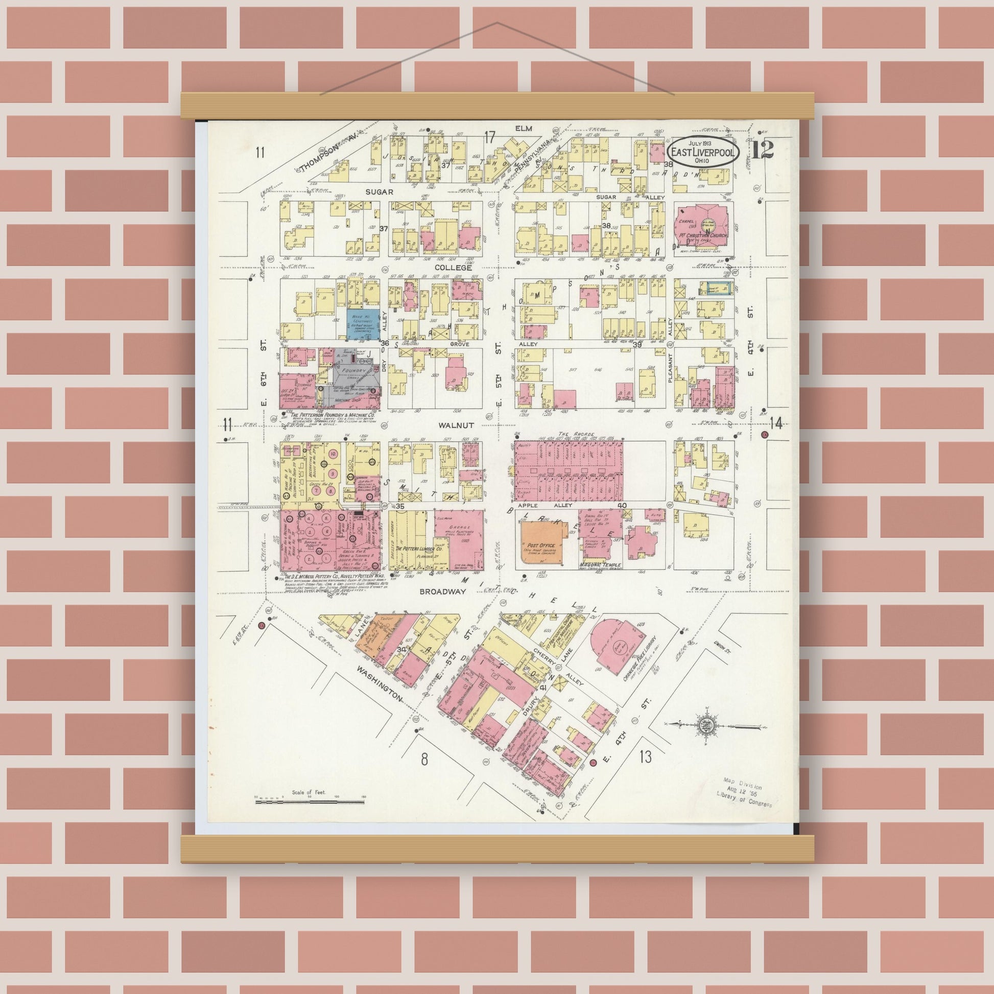 Old map wall art mockup — magnetic wood frame on brick wall — Sanborn Fire Insurance Map from East Liverpool, Columbiana County, Ohio (1913), Sheet #0012